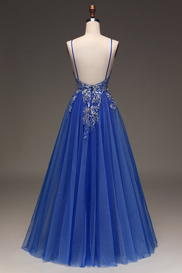 A-Line paljetter Royal Blue Prom kjole med applikasjoner
