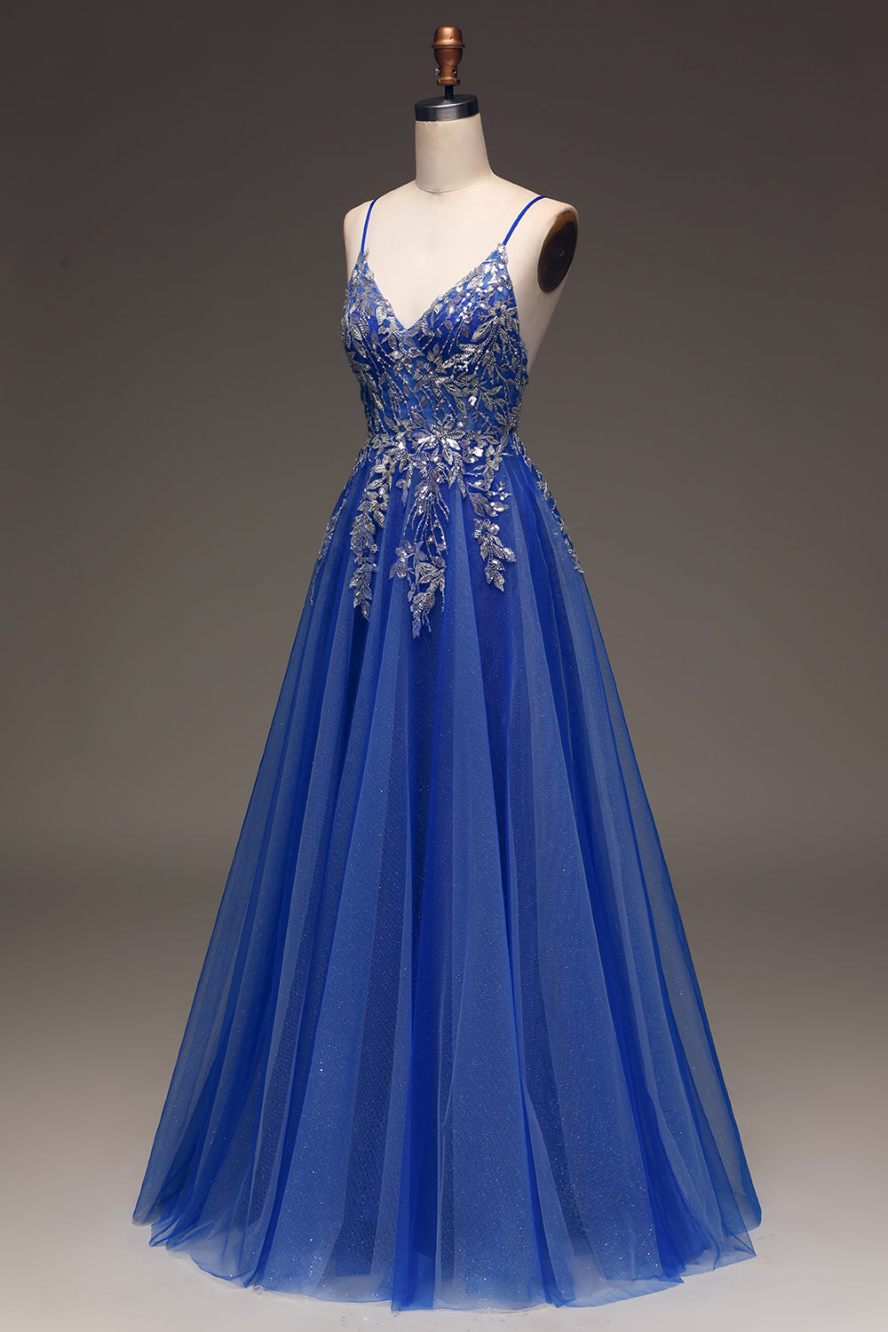 A-Line paljetter Royal Blue Prom kjole med applikasjoner
