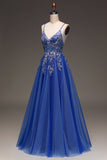 A-Line paljetter Royal Blue Prom kjole med applikasjoner