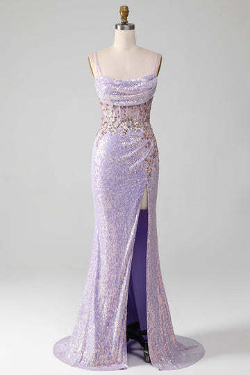 Lilac Sparkly Spaghetti stropper Mermaid Prom kjole med Slit
