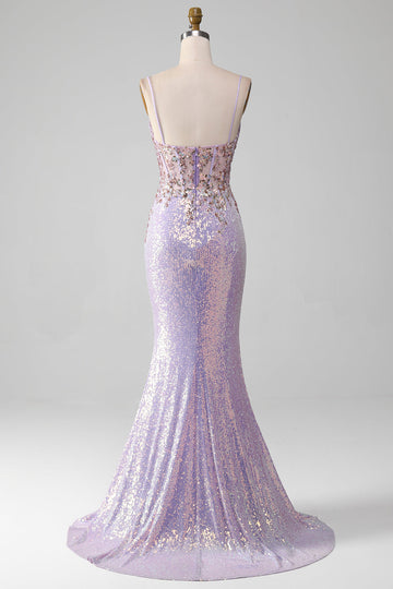 Lilac Sparkly Spaghetti stropper Mermaid Prom kjole med Slit