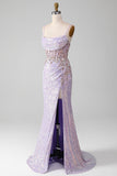 Lilac Sparkly Spaghetti stropper Mermaid Prom kjole med Slit