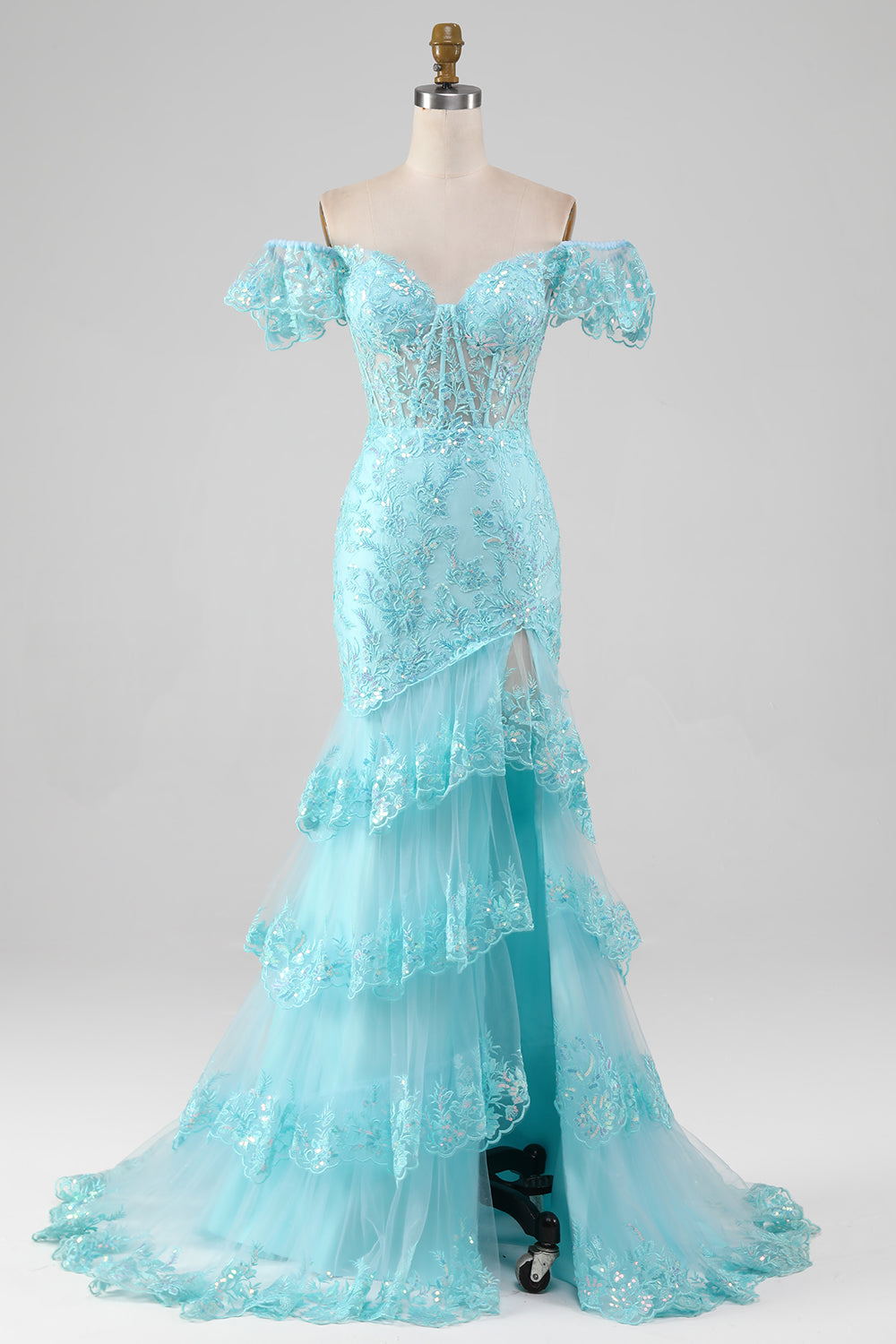 Sky Blue Off the Shoulder Lace og Sequin Mermaid Prom Dress med Slit