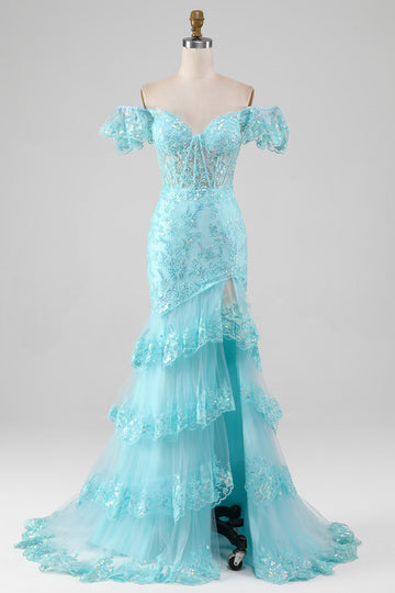 Sky Blue Off the Shoulder Lace og Sequin Mermaid Prom Dress med Slit