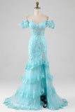 Sky Blue Off the Shoulder Lace og Sequin Mermaid Prom Dress med Slit