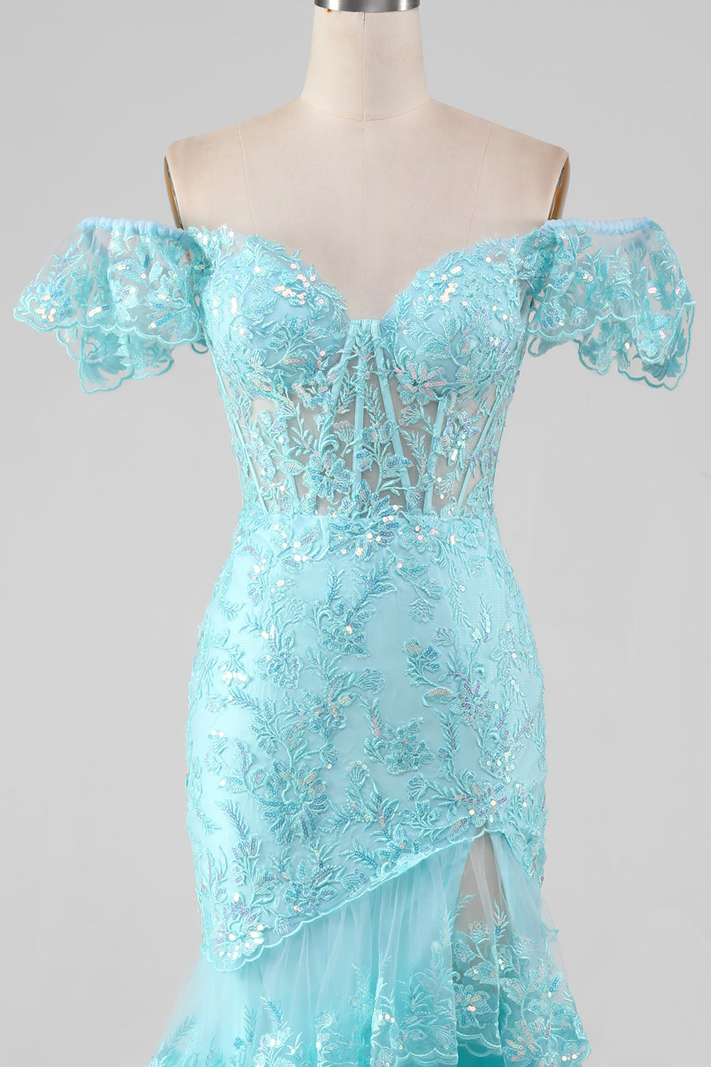 Sky Blue Off the Shoulder Lace og Sequin Mermaid Prom Dress med Slit