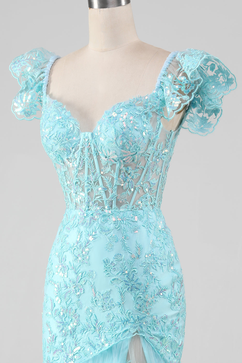 Sky Blue Off the Shoulder Lace og Sequin Mermaid Prom Dress med Slit