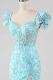 Sky Blue Off the Shoulder Lace og Sequin Mermaid Prom Dress med Slit