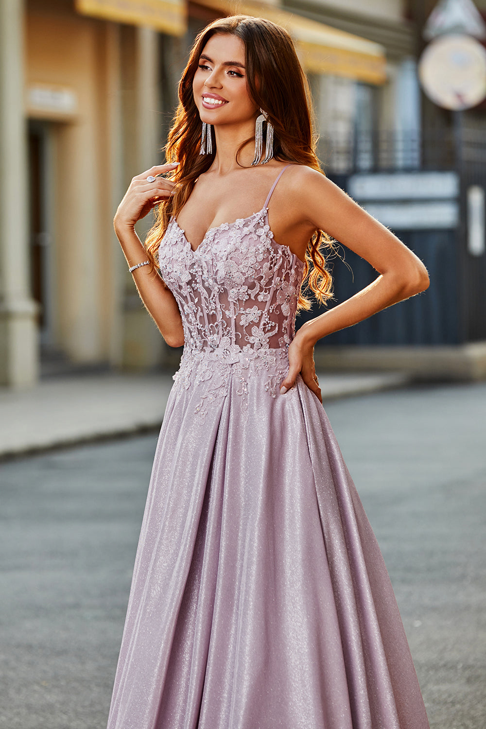 Sparkly A-Line Spaghetti stropper Blush Prom kjole med perler