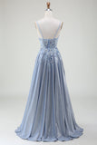Glitter A-Line Spaghetti stropper Grå Blå Prom Dress