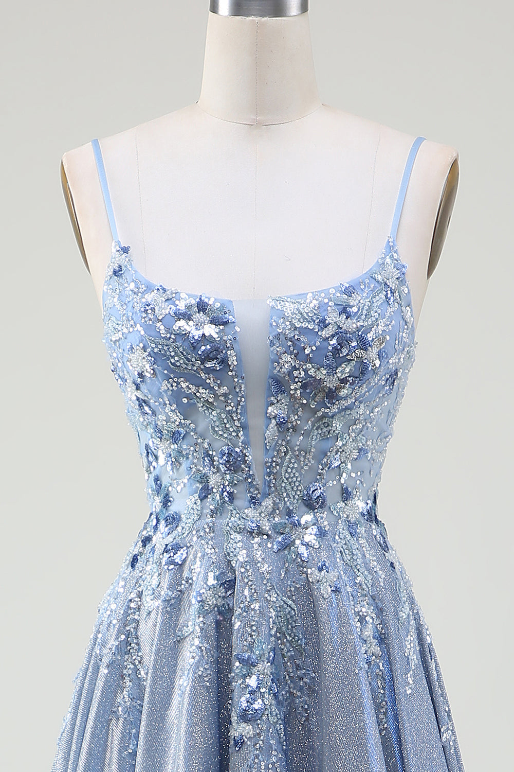 Glitter A-Line Spaghetti stropper Grå Blå Prom Dress