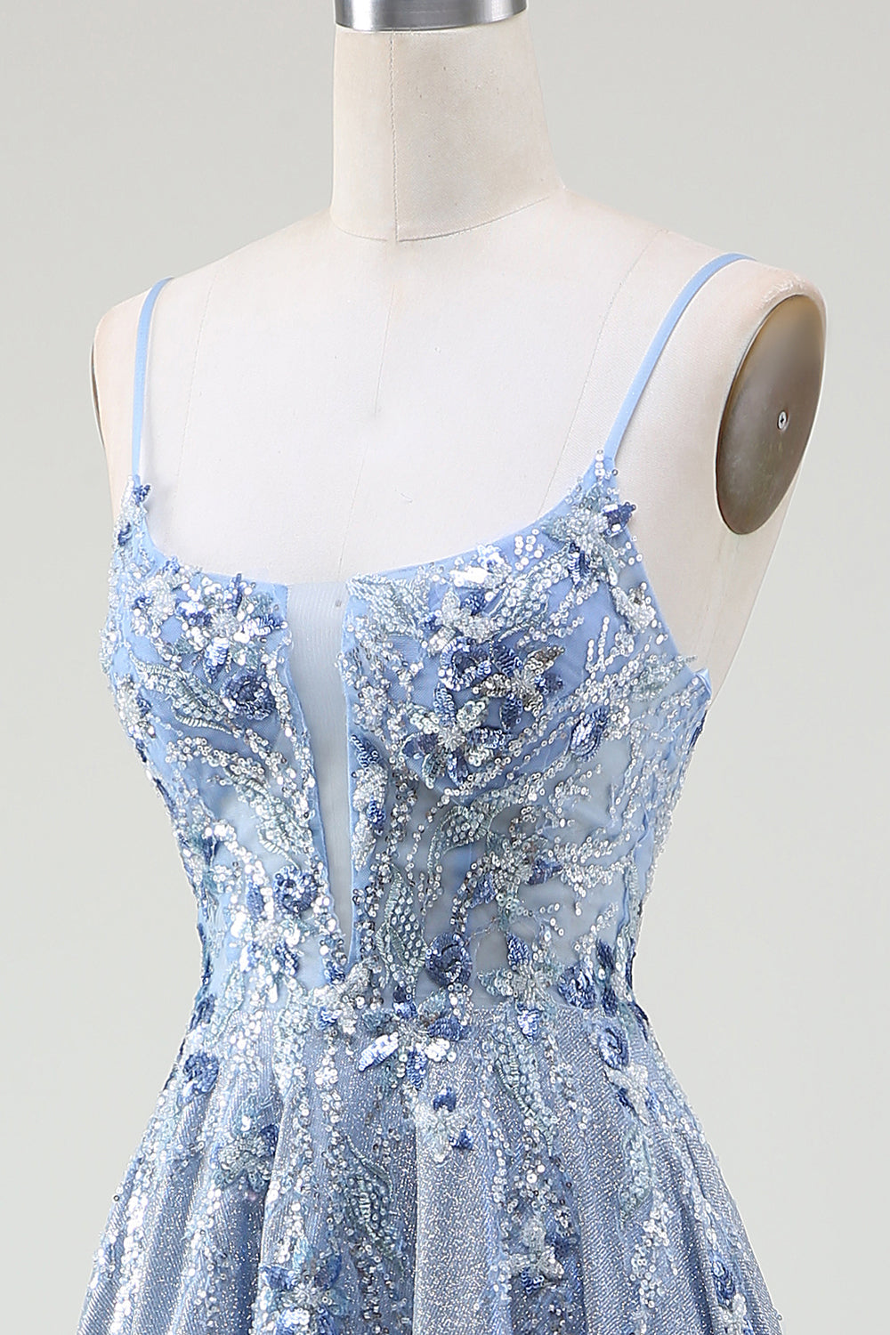 Glitter A-Line Spaghetti stropper Grå Blå Prom Dress