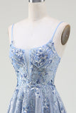 Glitter A-Line Spaghetti stropper Grå Blå Prom Dress