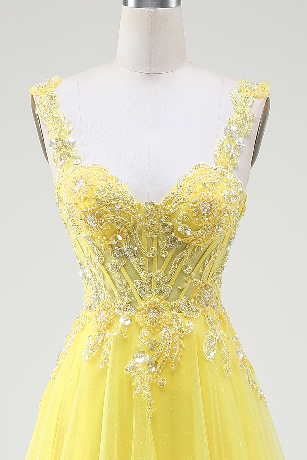 Tulle Beaded Gul korsett Prom kjole med Slit