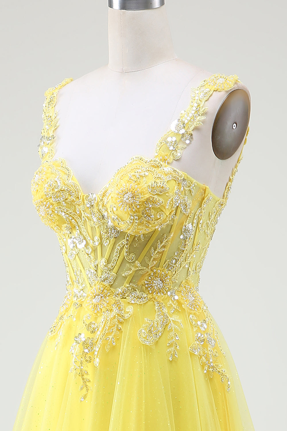 Tulle Beaded Gul korsett Prom kjole med Slit