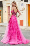 A-Line Cold Shoudler Sparkly Hot Pink Corset Prom kjole med Beading