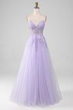 Sparkly Light Purple A-Line Spaghetti stropper Lang ballkjole med perler