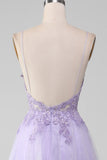 Sparkly Light Purple A-Line Spaghetti stropper Lang ballkjole med perler