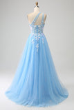 Stunning A Line One Shoulder Light Blue Long Tylle Prom Dress med Appliques