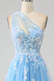 Stunning A Line One Shoulder Light Blue Long Tylle Prom Dress med Appliques