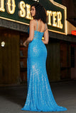 Stunning Mermaid Spaghetti stropper Blå korsett Prom kjole med Split Front
