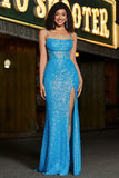 Stunning Mermaid Spaghetti stropper Blå korsett Prom kjole med Split Front