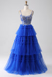 Royal Blue Tiered Prom kjole med paljetter