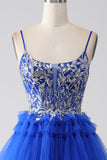 Royal Blue Tiered Prom kjole med paljetter