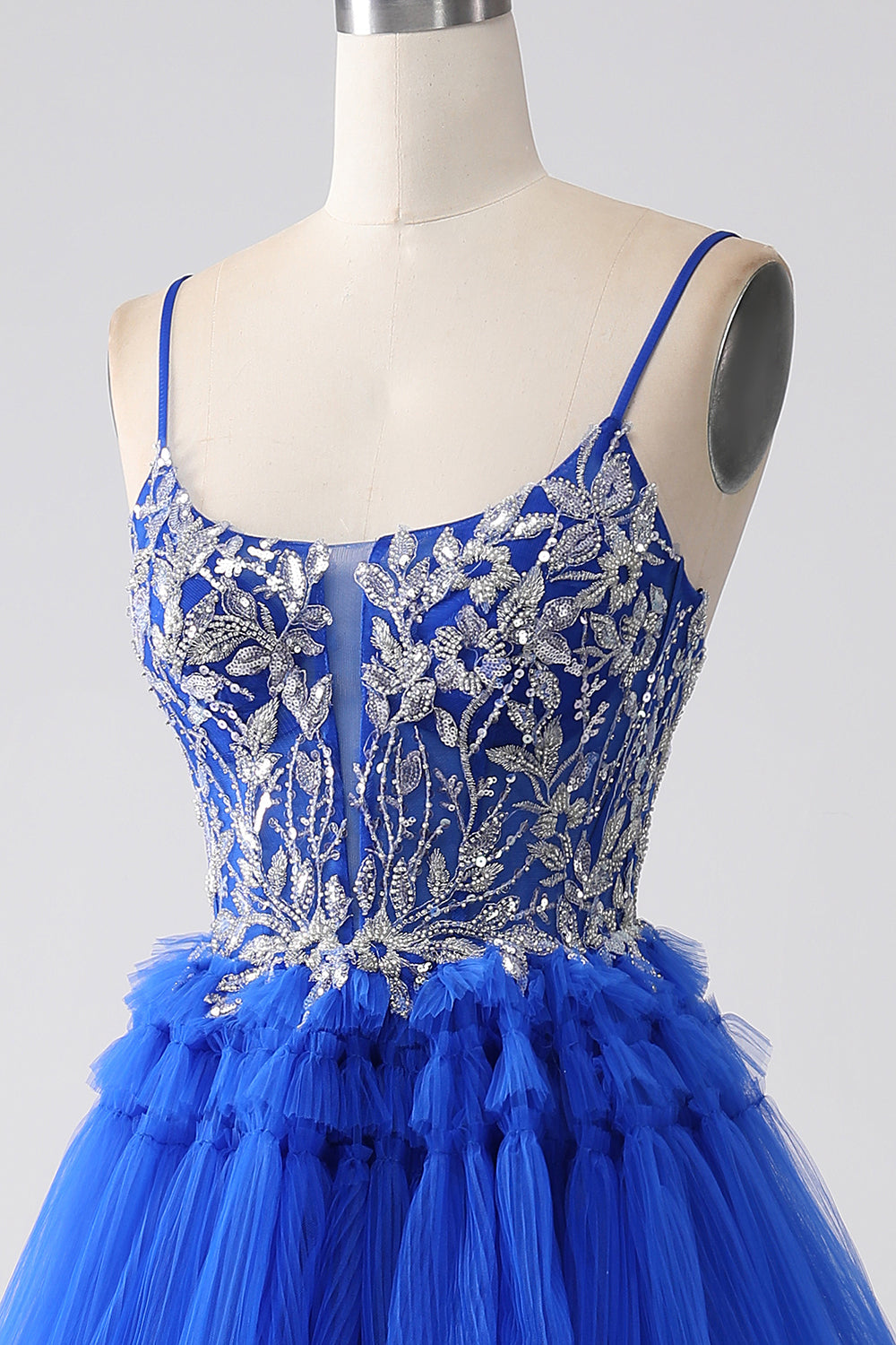 Royal Blue Tiered Prom kjole med paljetter