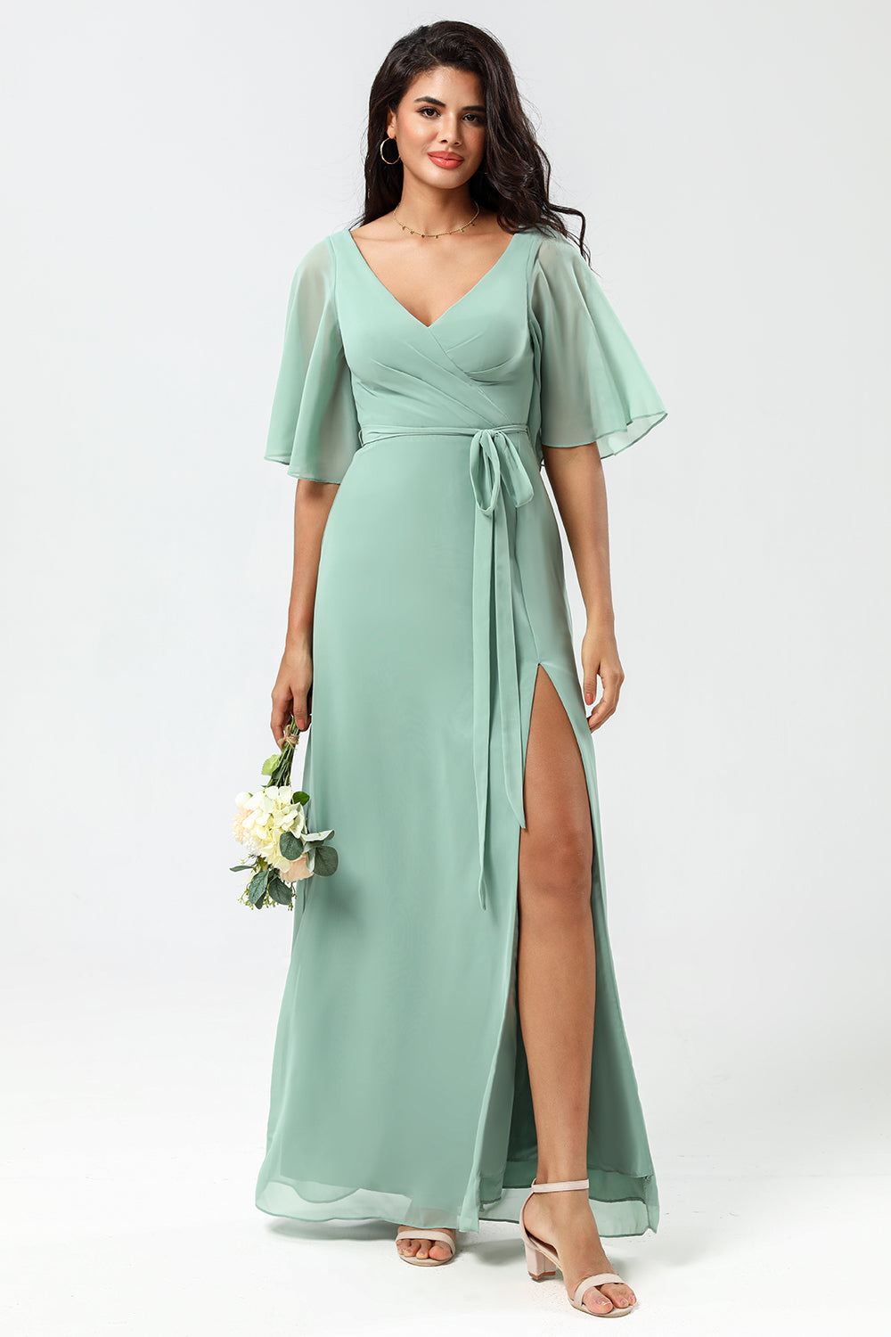 Chiffon V-hals Mint brudepike kjole med spalte