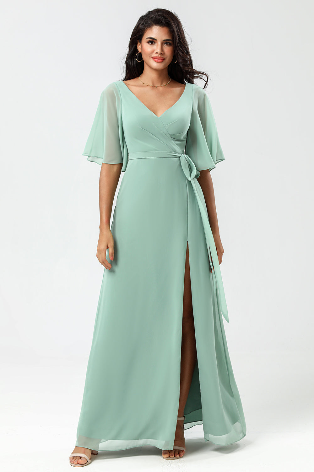 Chiffon V-hals Mint brudepike kjole med spalte