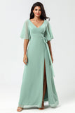 Chiffon V-hals Mint brudepike kjole med spalte
