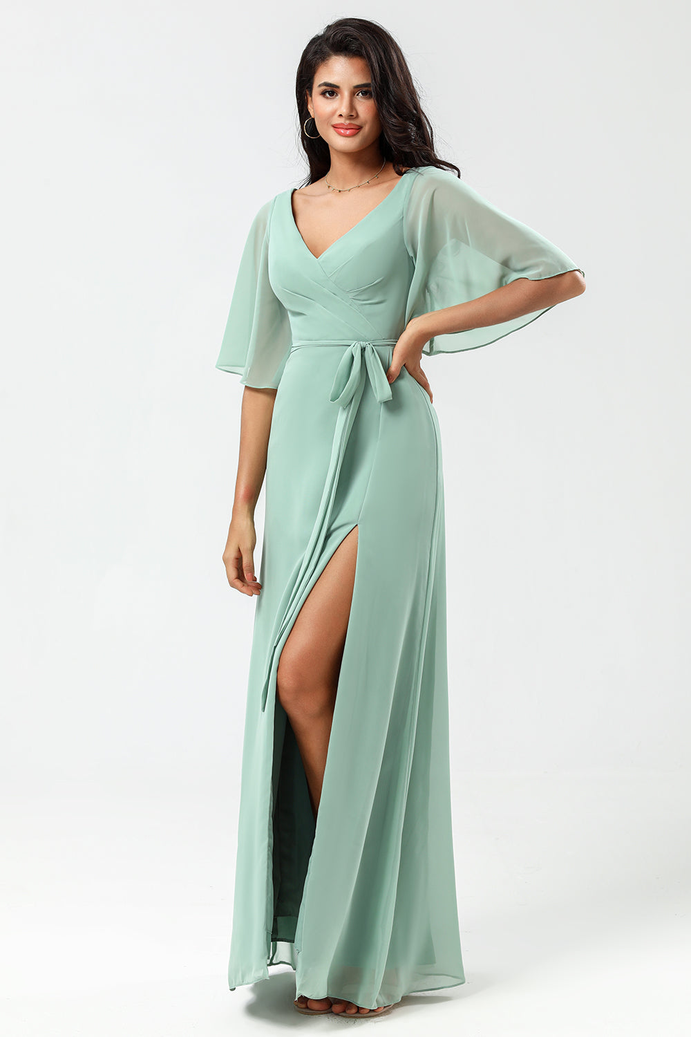 Chiffon V-hals Mint brudepike kjole med spalte