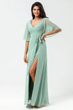 Chiffon V-hals Mint brudepike kjole med spalte