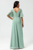Chiffon V-hals Mint brudepike kjole med spalte