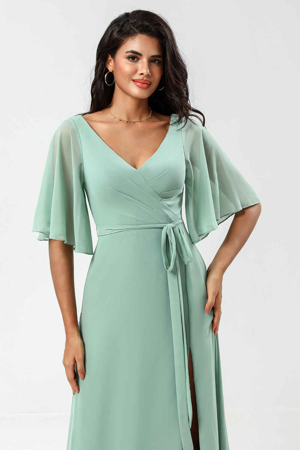 Chiffon V-hals Mint brudepike kjole med spalte