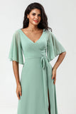 Chiffon V-hals Mint brudepike kjole med spalte