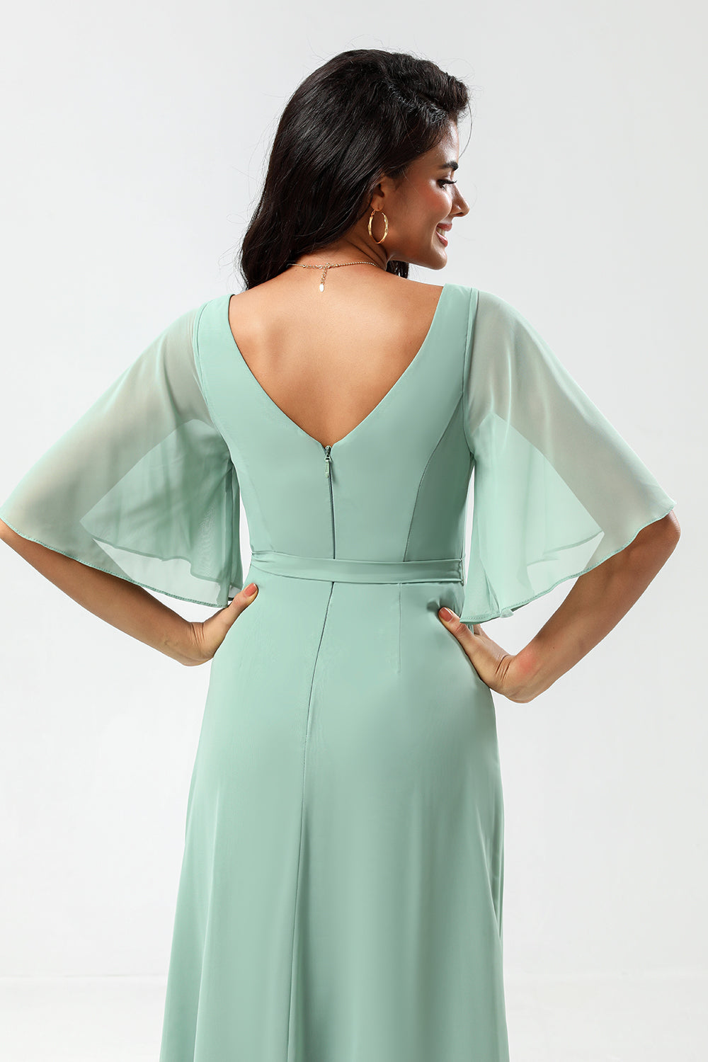 Chiffon V-hals Mint brudepike kjole med spalte