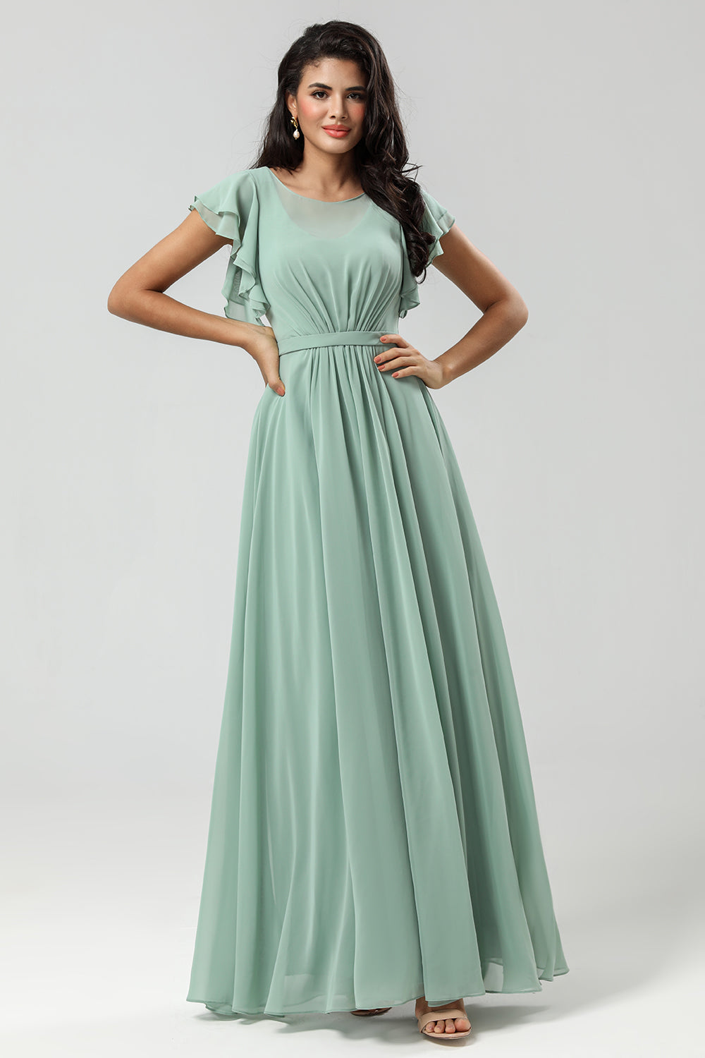 Chiffon A Line Green brudepike kjole med plissert
