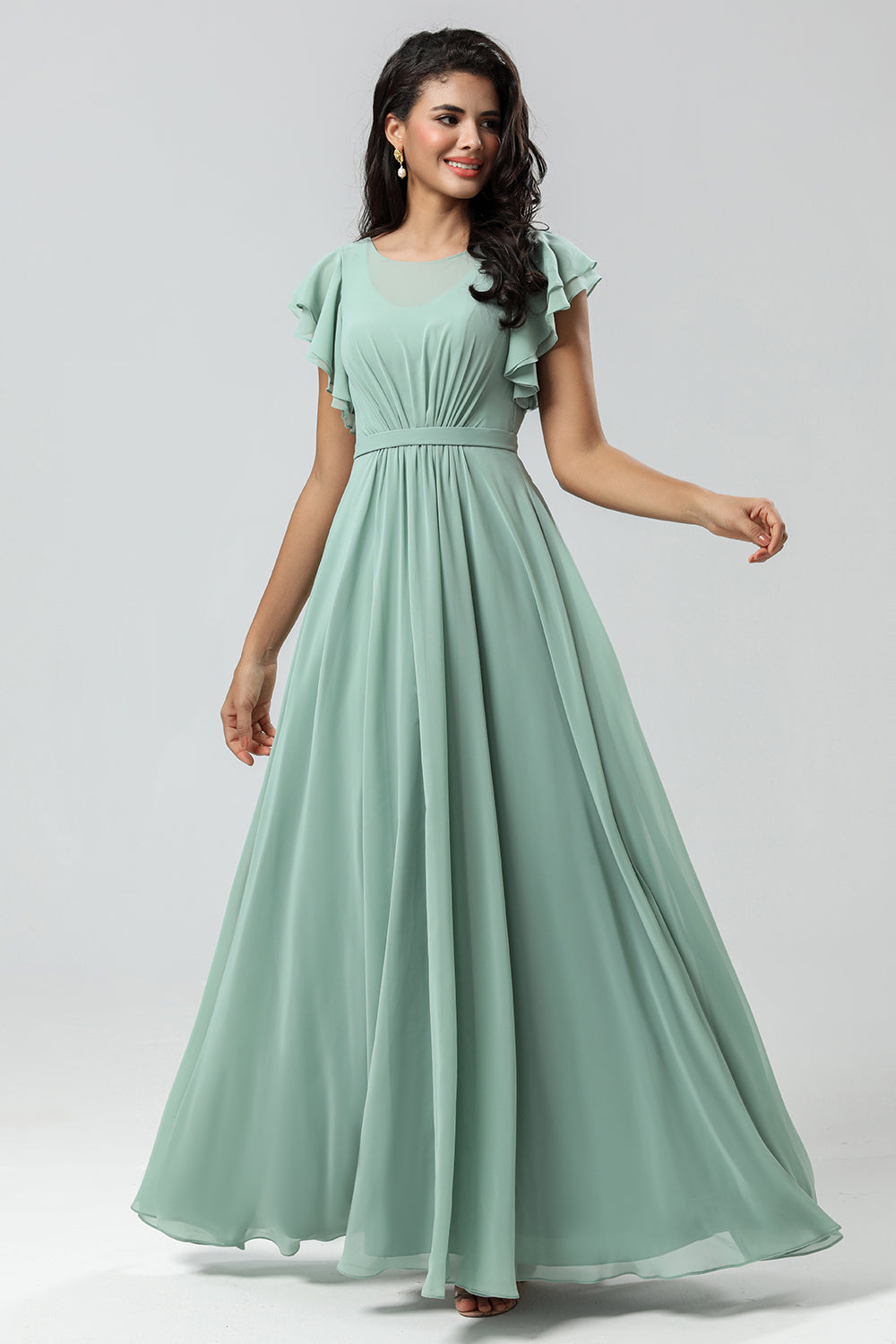 Chiffon A Line Green brudepike kjole med plissert