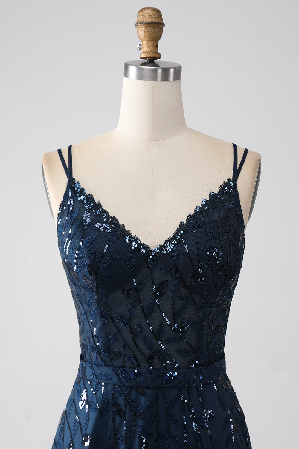 A-Line Dark Navy Spaghetti stropper Long Prom Dress med Slit