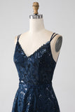 A-Line Dark Navy Spaghetti stropper Long Prom Dress med Slit