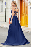 Royal Blue A Line Spaghetti stropper Long Backless Prom Kjole med Appliques