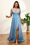 Stålblå kald skulder Chiffon brudepike kjole