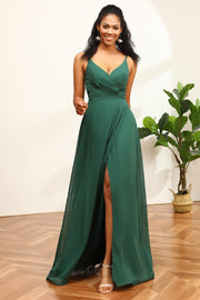 Mørkegrønn spaghetti stropper brudepike kjole med blonder