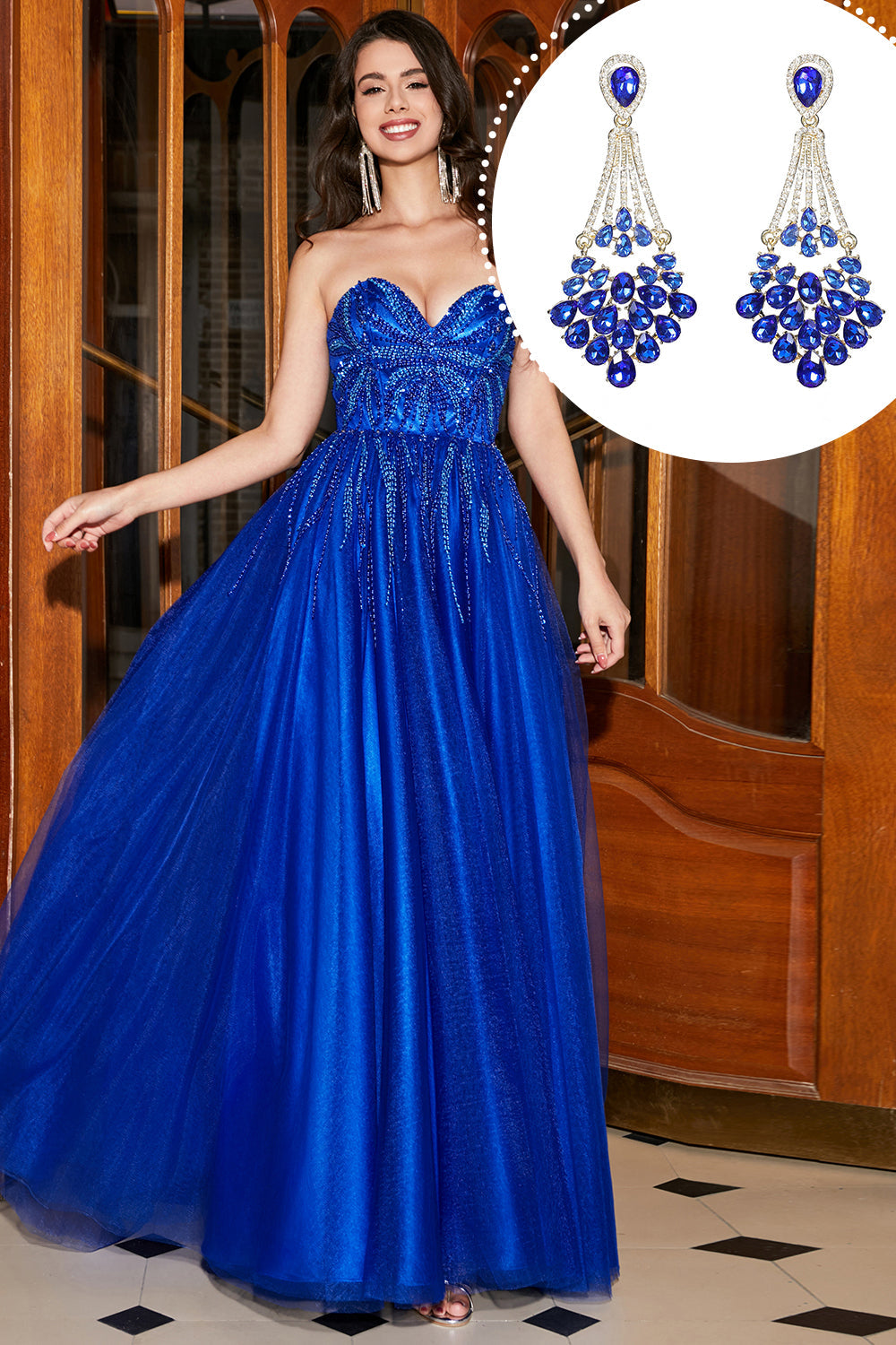 Royal Blue A-Line Sweetheart Long Beaded Prom kjole med tilbehør