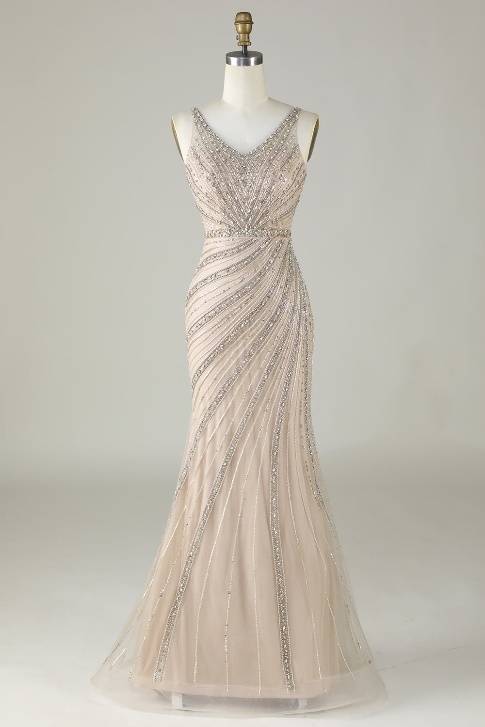 Sparkly Champagne Beaded Mermaid Long Prom Dress med Wrap