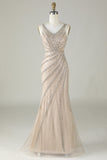 Sparkly Champagne Beaded Mermaid Long Prom Dress med Wrap