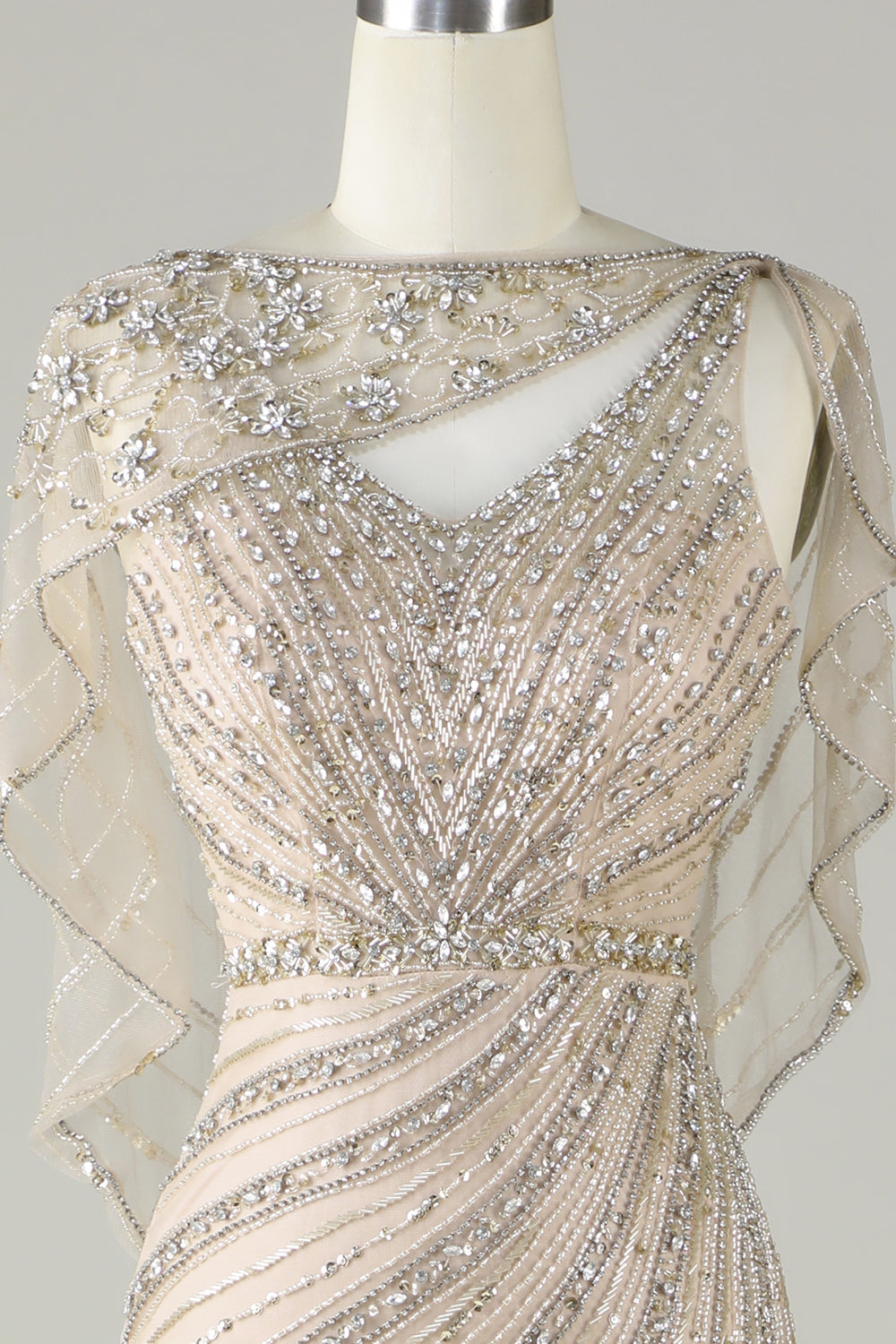 Sparkly Champagne Beaded Mermaid Long Prom Dress med Wrap