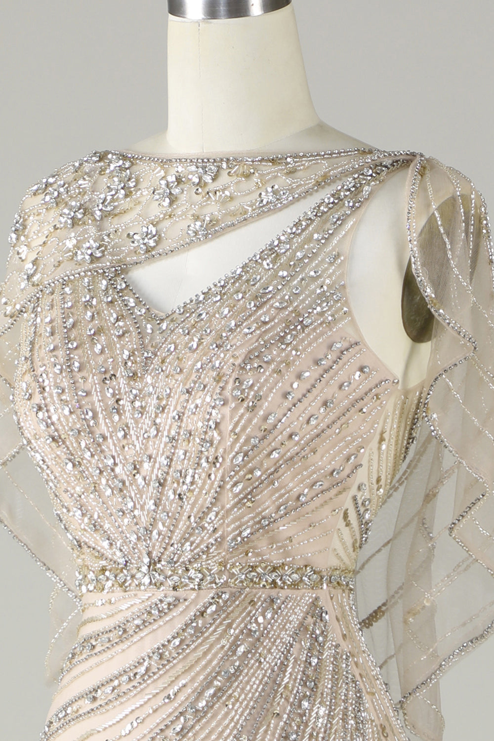 Sparkly Champagne Beaded Mermaid Long Prom Dress med Wrap